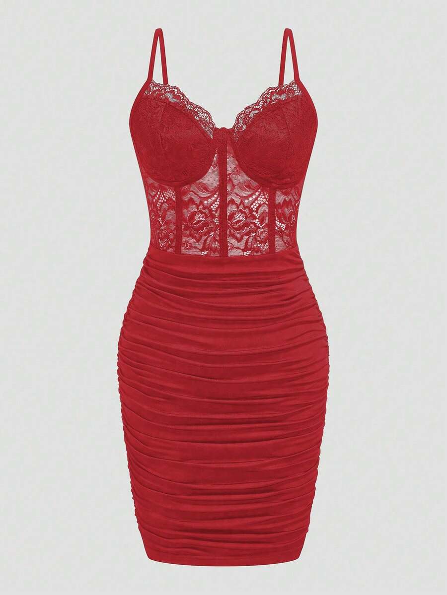 EMERY ROSE Elegant Sexy Lace Ruched Slip Dress For Women Club Night Dark Red Summer - Red - View 1