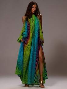 MUSERA Chiffon Extreme Open Back Split Sleeve Halter Neck Printed Maxi Dress Sexy Summer Spring Rave Beach Festival Holiday Vacation Ibiza Party Going Out Urchin - Yellow - View 1