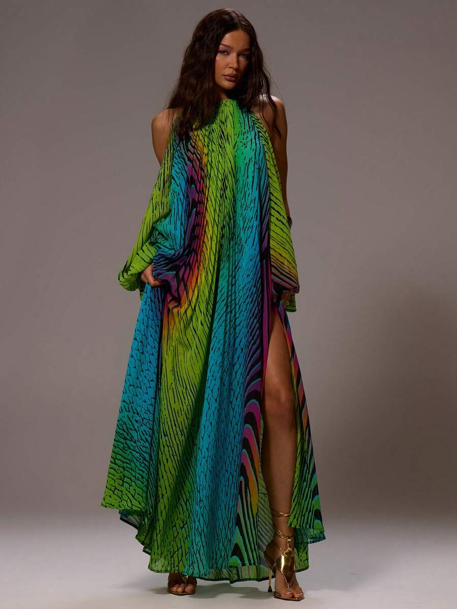 MUSERA Chiffon Extreme Open Back Split Sleeve Halter Neck Printed Maxi Dress Sexy Summer Spring Rave Beach Festival Holiday Vacation Ibiza Party Going Out Urchin - Yellow - View 1