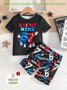 Bộ đồ ngủ tay ngắn in số 67 phát sáng trong bóng tối dành cho bé trai, ôm sát, chất liệu nhẹ thoải mái, thiết kế ngộ nghĩnh cho mùa xuân/hè. - màu đen - Xem 6