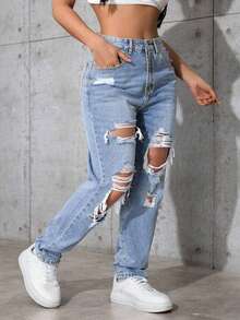 SHEIN CURVE+ Plus Size Women's Non-Stretch Casual Distressed Straight Leg Denim Jeans, Cowboy Outfits For Women - Light Wash - View 6