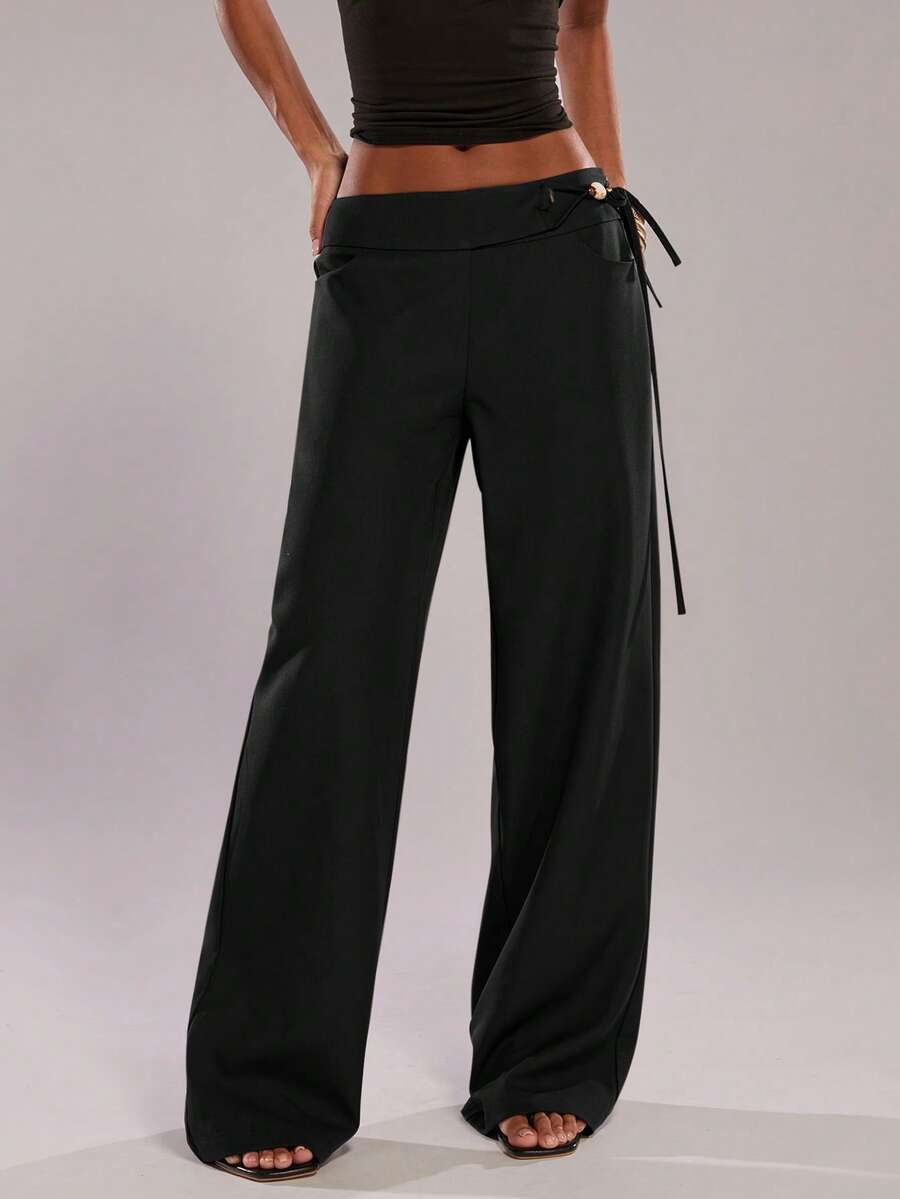 SHEIN BAE Brown Casual Beaded Decor Wide Leg Pants/Relaxed Fit Trousers, Suitable For Vacation, Commute, Outing, Summer - Black - View 1