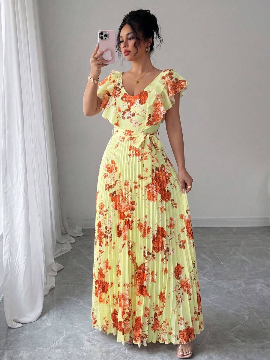 Selianne V领数码印花度假风荷叶边腰身A字优雅浪漫女装 - 彩色 - 查看 1