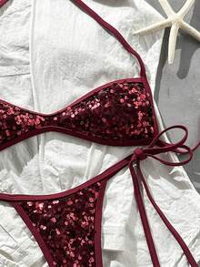 SHEIN Swim Vcay 2-Piece Sequin Textured Halter Bikini Set With Tie Side Bottoms, Sexy Swimsuit For Spring/Summer Beach Vacation - Burgundy - View 7