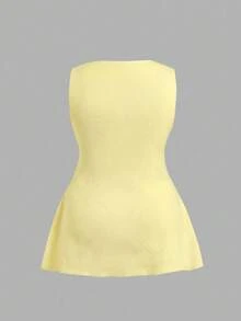 SHEIN EZwear 加大码黄色无袖针织背心，夏季清凉，商务休闲女士背心，纽扣针织上衣，女士无袖上衣，返校 - 黃色 - 查看 7