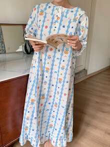 Dazy Plus 卡通印花图案彼得潘领宽松休闲长款加大码女式春夏睡裙 - 淺藍色 - 查看 7