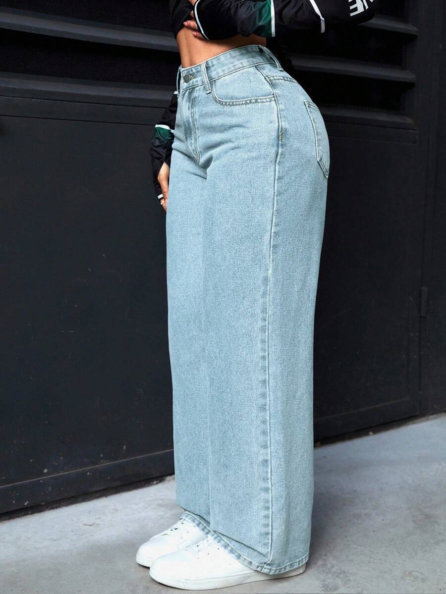 SHEIN PETITE Women's Solid Color Slant Pocket Casual Loose Jeans - Green - View 1