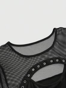 ROMWE Grunge Punk Festival Wear Plus Size Women's Punk Style Mesh Patchwork Perforated Design Short Sleeve T-Shirt, Summer - Black - View 3