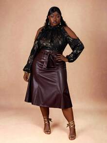 CurvyTilda Plus Size Vintage Coin Design PU Skirt Belt Skirt Leather Skirts For Women Dark Purple Skirt Faux Leather Skirt Burgundy Leather Skirt, For Hourglow & Hourglass Body Shape - Brown - View 3