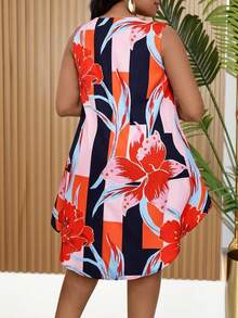 Villa Velisse Plus Size Women's Business Casual Summer Outfit: Patchwork Print Dress - Multicolor - View 2