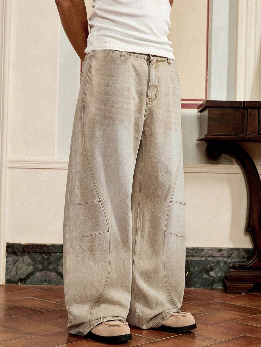 SWAVVY Men's Loose Fit Pockets Wide Leg Casual Jeans - Khaki - View 1