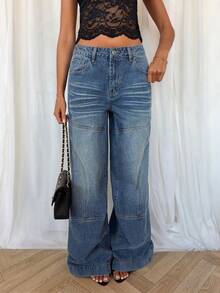 TRNVIE Quần jean nữ dáng rộng, cạp trung bình, chất liệu denim rách, ống rộng. - Màu xanh lam - Xem 6