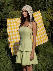 MainGRL Pale Yellow Square Neck Beaded Strap Tiered Mini Dress,Women Lime Green Cottage Core Summer Picnic Holiday Easter Spring Break Coquette Outfit - Green - View 5