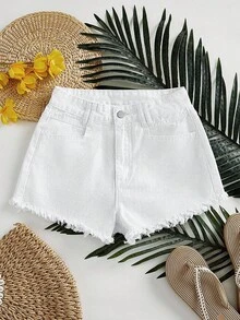 SHEIN PETITE 女士宽松白色A字牛仔短裤，毛边裤脚 - 白色 - 查看 1