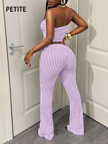 SHEIN PETITE Áo croptop không tay kẻ sọc ôm sát gợi cảm dành cho nữ + Quần cạp cao. - Màu tím hoa cà - Xem 2