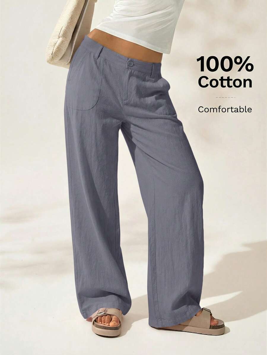 Easelle Women's Solid Color Button Casual Versatile Wide Leg Pants For Daily Wear - Light Grey - View 1