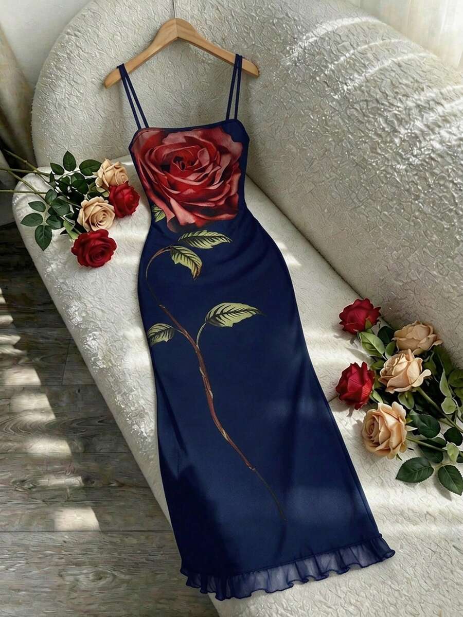 SHEIN MOD Plus Size Floral Print Mesh Vintage Romantic Mid-Length Dress, Spring/Summer Fitted Floral Strap Dress, Suitable For Party & Holiday Wear - Navy Blue - View 1