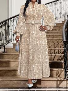 Fleurora 秋季大码优雅亮片纽扣装饰束腰灯笼袖连衣裙 - 金色 - 查看 5