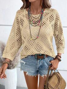 SHEIN Women's Spring/Autumn Open Knit Sweater, Solid Color Beach/Resort Style - Apricot - View 8