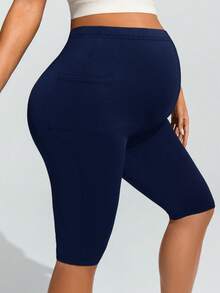 SHEIN Maternity Casual Solid Color Elastic Waist Pocket Lifting Leggings - Navy Blue - View 5