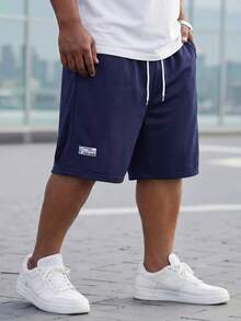ResortEase Shorts Casuais de Verão com Cordão e Patchwork em Cor Sólida para Homens de Tamanho Grande - Azul marinho - Ver 3