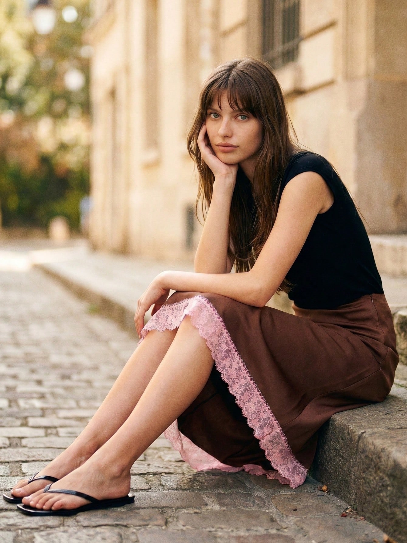 Chocolate Brown Satin Asymmetric Midi Skirt With Contrast Pink Lace Hem Going Out Satin Skirt Spring Summer French Style Parisian Style Casual Outfits