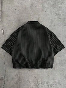AXEPEAK Men's Striped Short Sleeve Single-Breasted Shirt And Shorts Casual Suit - Black - View 9