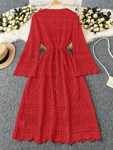 SHEIN Franclia Áo khoác cardigan dáng rộng dành cho nữ, màu trơn, kiểu dáng lãng mạn, chất liệu lưới đan móc, có dây rút và nơ, thích hợp cho kỳ nghỉ ở bãi biển. - Đỏ - Xem 2
