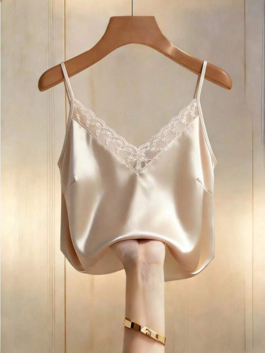GlowEve CURVE Plus Size Women Woven Regular Summer Lightweight Elegant Minimalist Contrast Lace Trim Satin Camisole, Champagne - Champagne - View 1