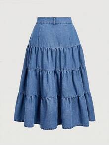 SHEIN MOD Plus Size Casual Washed Denim A-Line Skirt - Blue - View 2