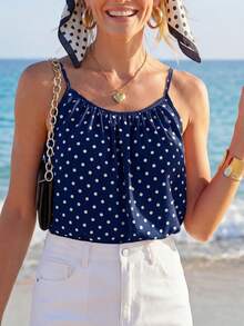 SHEIN LUNE Women Polka Dot Printed Fold Pleated Cami Top For Summer,Casual - Navy Blue - View 6