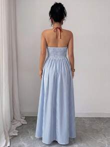 SHEIN Clasi Women's Elegant Coastal Conservative Tropical Blue And White Stripe Striped Trim Halter Backless Dress, Summer Beach Vacation - Blue - View 2