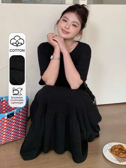 Dazy Plus プラスサイズ レディース 無地 ラウンドネック プリーツ カジュアル バケーション デートドレス