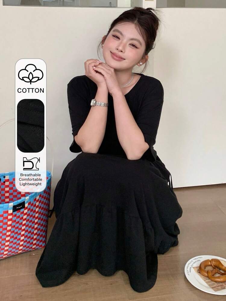 Dazy Plus Plus Size Women Solid Color Round Neck Pleated Casual Vacation Date Dress Sun Dresses For Women