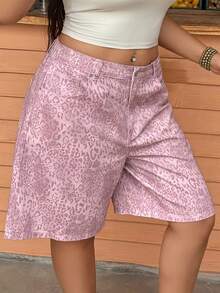 Dazy Plus Plus Size Women Leopard Print Pink Bermuda Shorts, Street Style Denim Shorts, Spring/Summer - Pink - View 2