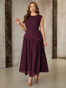 Roveilla Robe longue femme grande taille en vert olive, patchwork en tissu avec doublure en mousseline, col rond, sans manches, épaules plissées, ourlet asymétrique. Élégante, style romantique français vintage, polyvalente pour le travail, la plage, les fêtes. Nouvelle arrivée pour le printemps-été. - Bordeaux - Voir 3