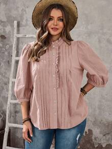 EMERY ROSE Plus Size Solid Color Turtleneck Long Sleeve Shirt - Pink - View 8