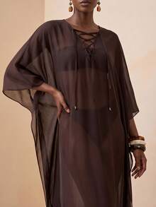 Zivah 新款女士度假休闲沙滩泳池派对半透明雪纺吊带罩衫连衣裙 - 棕色 - 查看 3