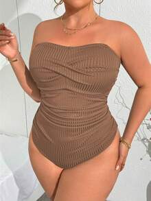 SHEIN Swim Curve 大码女式纯色吊带连体泳衣休闲度假装 - 棕色 - 查看 3