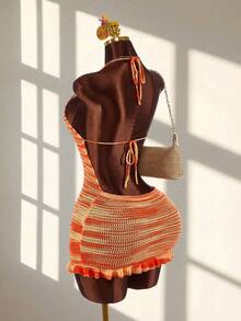 Amplova 女士渐变橙色花卉印花露背性感度假连衣裙 - 彩色 - 查看 1