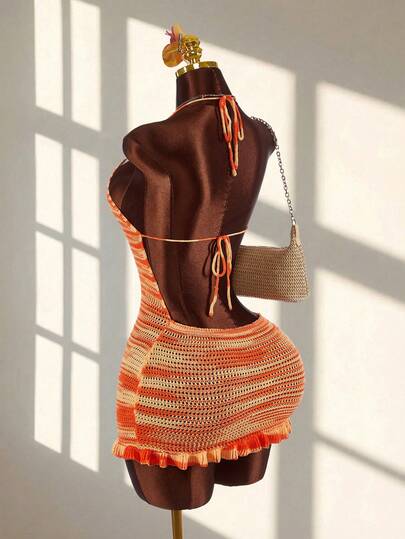 Amplova 女士渐变橙色花卉印花露背性感度假连衣裙