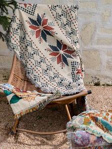 Cirelle 1pc Bohemian Woven Throw Blanket - Vintage Geometric Pattern Sofa Blanket, Soft Reversible Tassel Fringe Blanket For Couch, Bed, Camping, Picnic & Home Decor - multicolor - View 2
