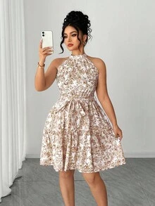 Elenzga Plus Size Halter Neck Printed Short Flare Dress - Brown - View 1