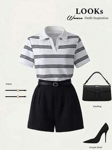 Everyssa Women's Short Sleeve Half-Zip Casual Striped T-Shirt And Shorts 2 Pieces Set, Versatile For Summer - Black and White - View 4