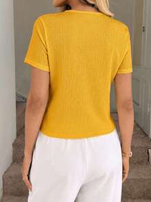SHEIN LUNE 女士纯色简约日常系带短袖上衣 - 黃色 - 查看 2