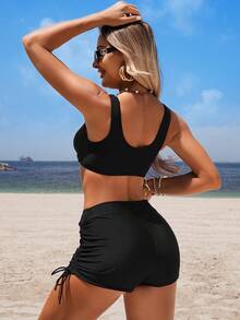SHEIN Swim Basics Women's Summer Beach Solid Color Criss-Cross Sexy Bikini Swimsuit Set - Black - View 8