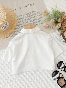 SHEIN Baby Girl Solid Color Short Sleeve Single-Breasted Pocket Shirt - White - View 2