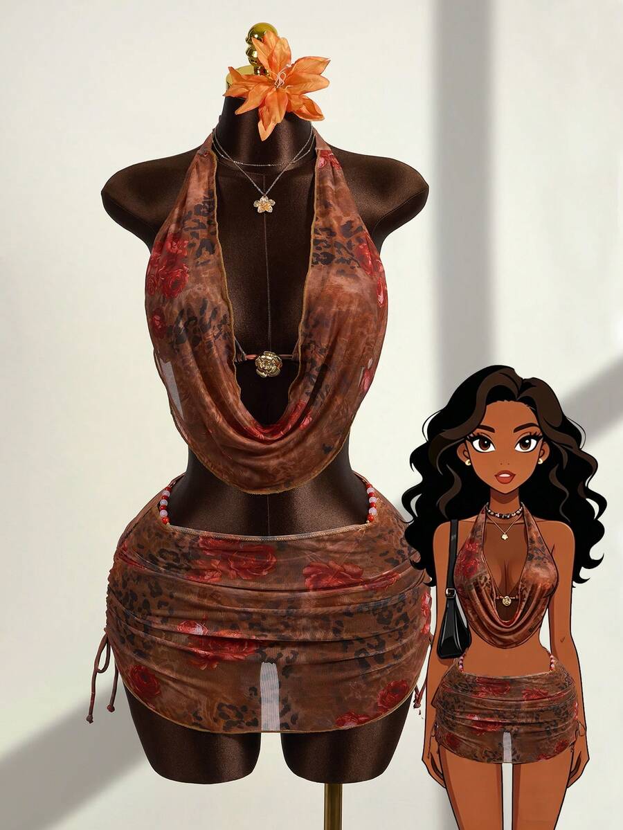 Zestiva 新款性感优雅印花露背吊带短款上衣和高腰比基尼三件套，沙滩泳装 - 彩色 - 查看 1