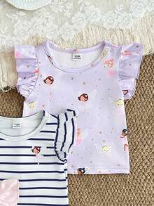 SHEIN Gentle Purple Stripe, 3D Bow Pattern, Young Girl Casual Simple Versatile Round Neck Cap Sleeve T-Shirt 1pc Suitable For Spring/Summer Daily Wear, - Multicolor - View 8