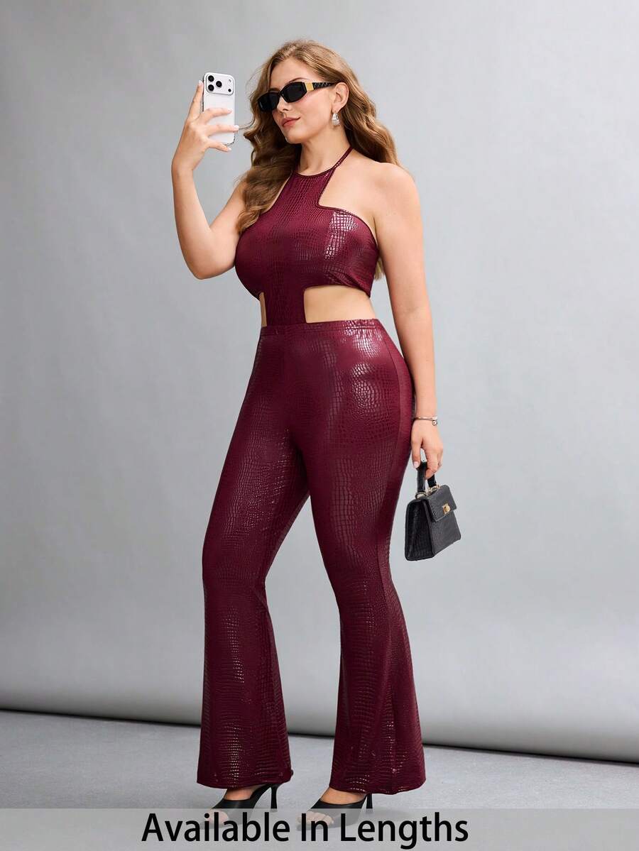 SHEIN Tall CURVE Burgundy Backless Halter Jumpsuit For Plus Size Women's Tall Girls,Classy Summer High-Waisted Night Out Club Prom Elegant Party Outfits